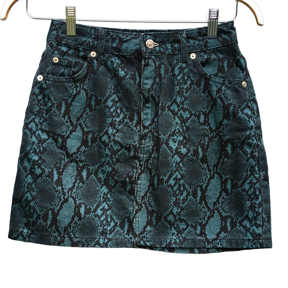 TopShop Women's Green Black Snake Print Mini Skirt Size 2
